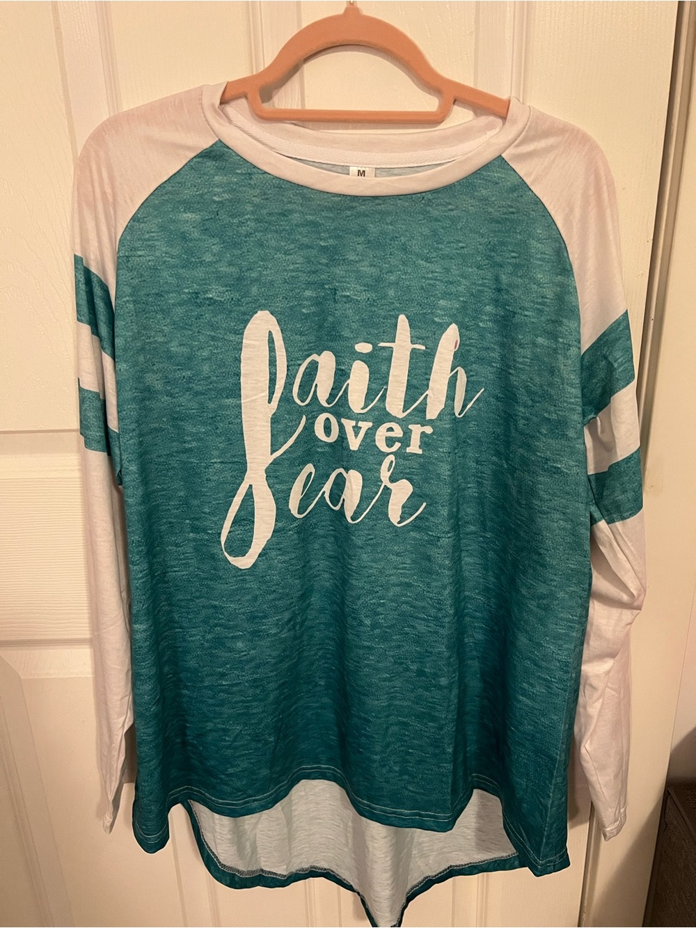 Faith Over Fear Long-Sleeve Raglan Top (NWOT)Teal & White, Size Medium *fits big